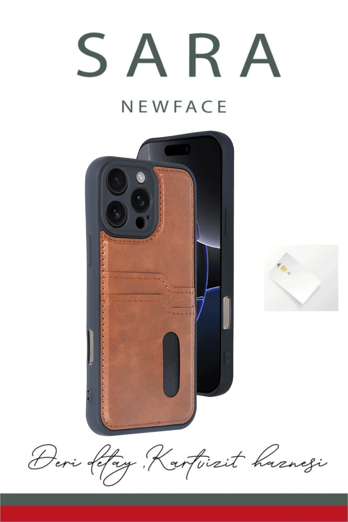 Newface iPhone 16 Pro Max Kılıf Sara Kartvizitli Deri Kılıf - Koyu Yeşil