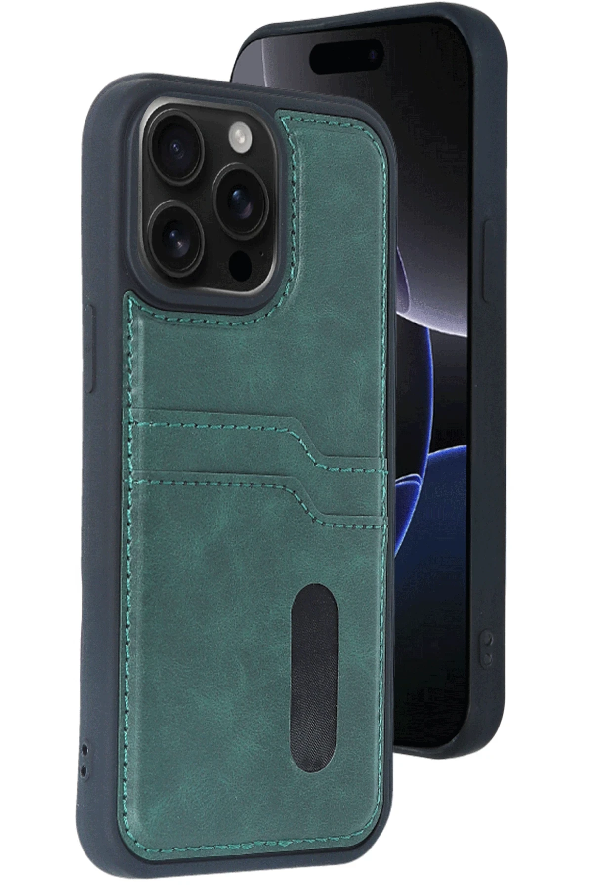 Newface iPhone 15 Pro Max Kılıf Sara Kartvizitli Deri Kılıf - Koyu Yeşil
