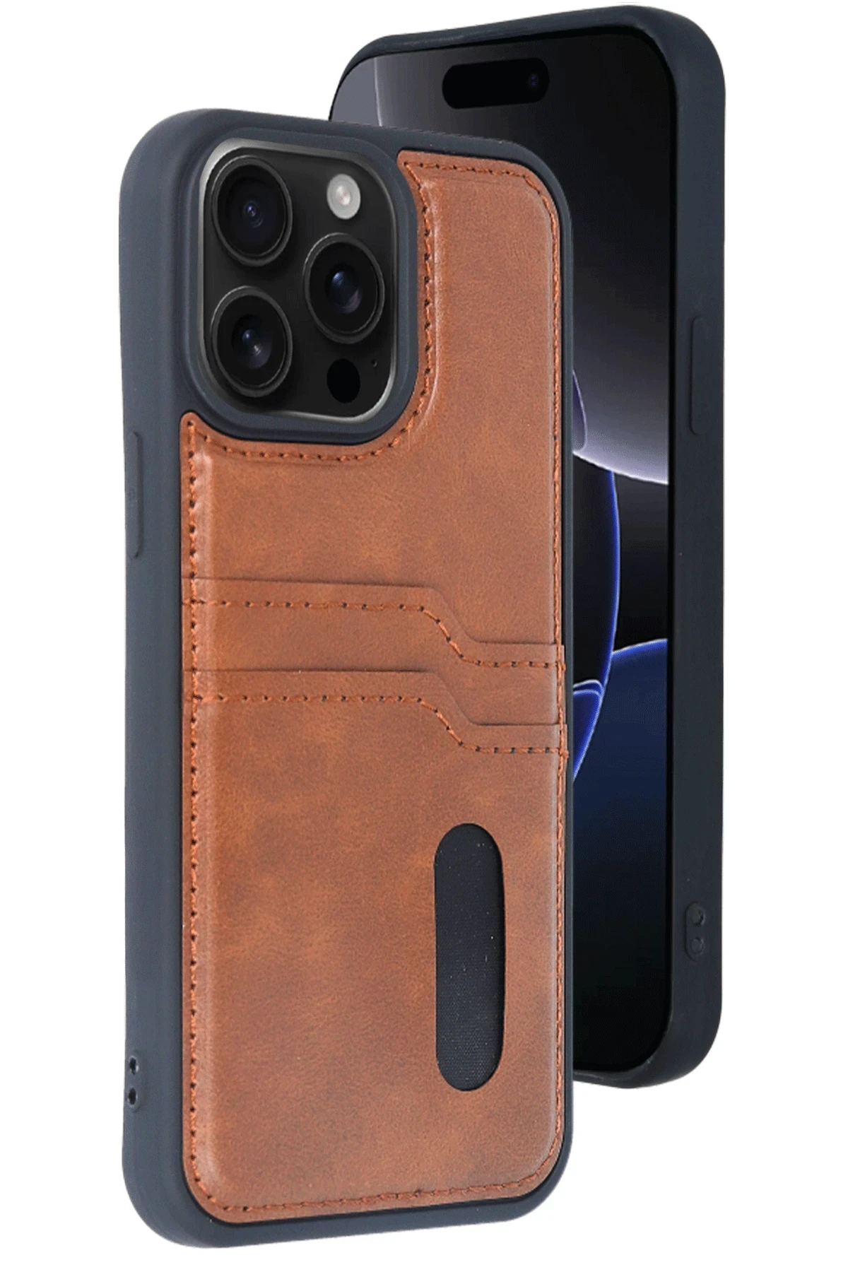 Newface iPhone 15 Pro Max Kılıf Sara Kartvizitli Deri Kılıf - Taba