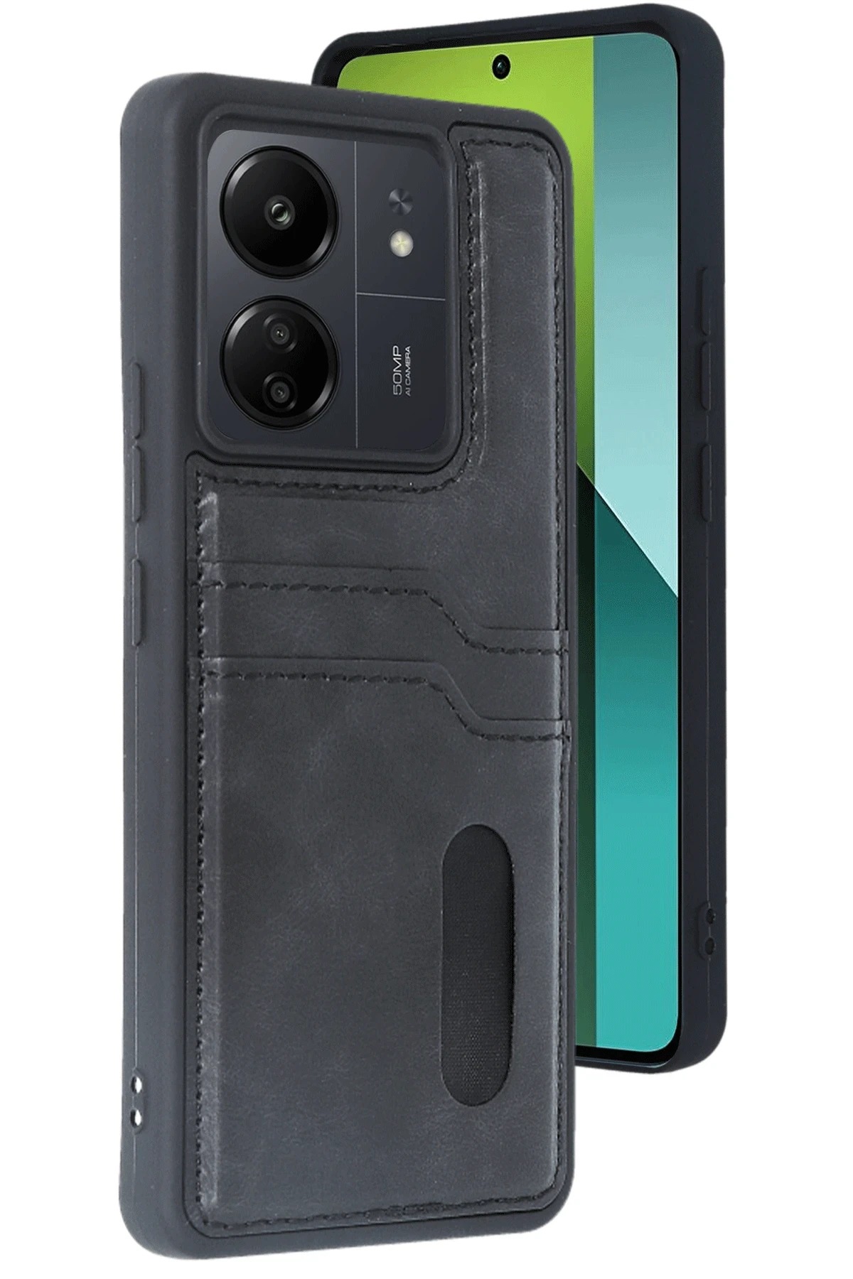 Newface Xiaomi Redmi 13C Kılıf Sara Kartvizitli Deri Kılıf - Siyah