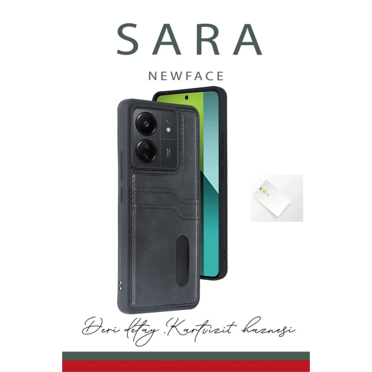 Newface Xiaomi Redmi 13C Kılıf Sara Kartvizitli Deri Kılıf - Siyah — görsel 6