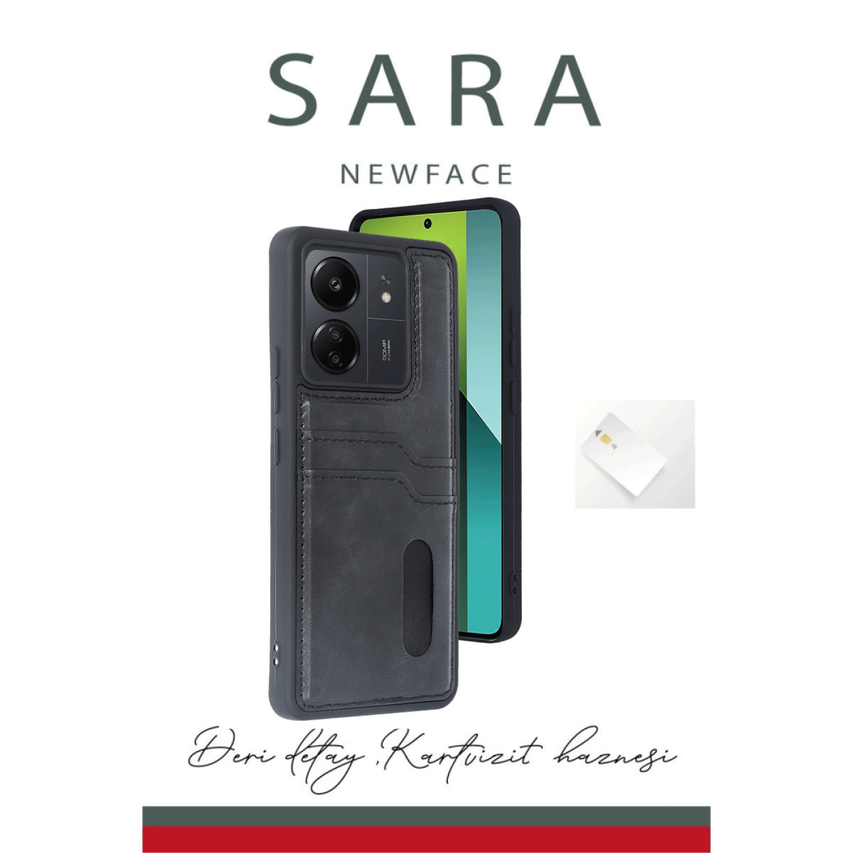 Newface Xiaomi Redmi 13C Kılıf Sara Kartvizitli Deri Kılıf - Siyah — görsel 9