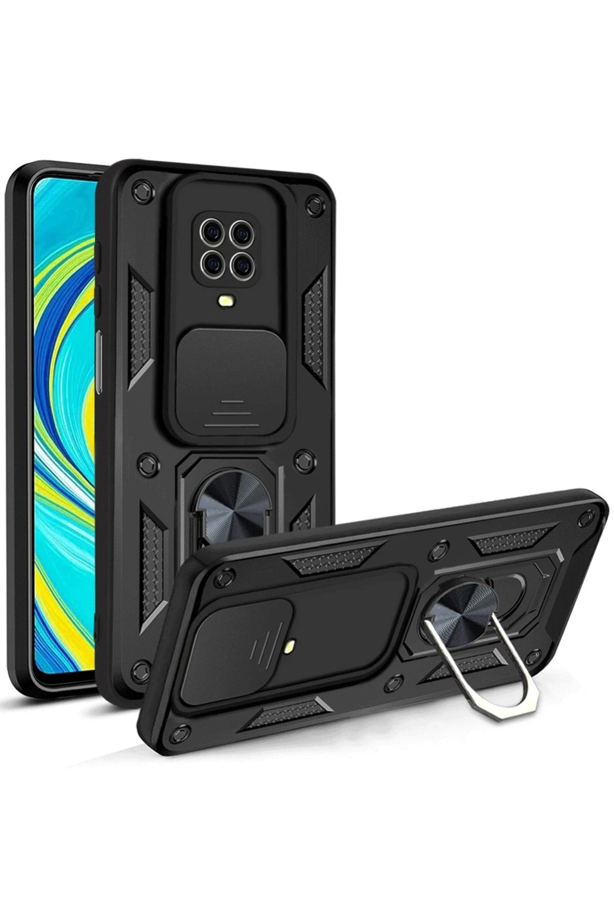 Newface Xiaomi Redmi Note 9 Pro Kılıf Pars Lens Yüzüklü Silikon - Siyah