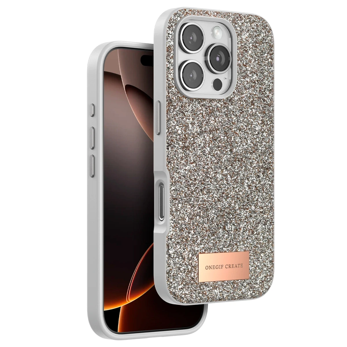 Onegif Apple iPhone 16 Pro Max Bright Simli Kapak - Çöl Titanyum