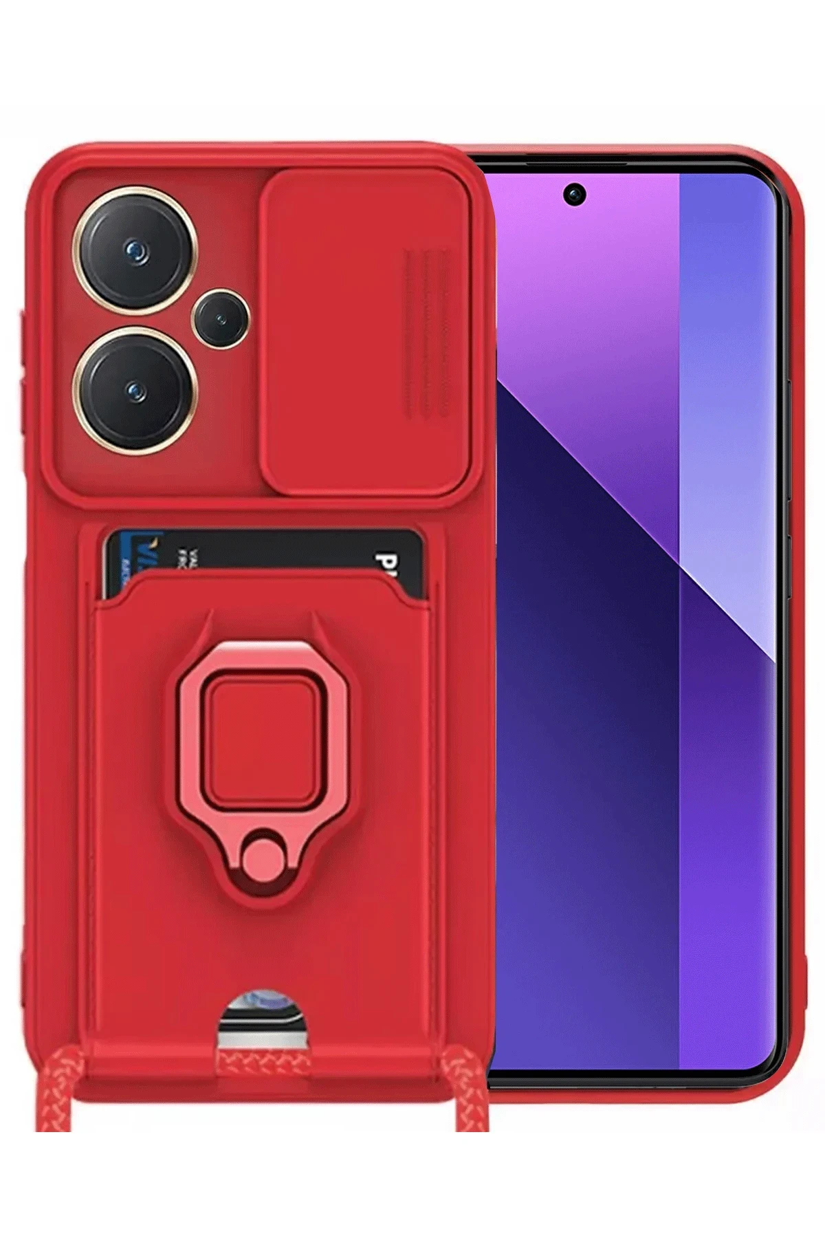 Newface Xiaomi Redmi Note 13 Pro Plus Kılıf Zuma Kartvizitli Yüzüklü Silikon - Kırmızı