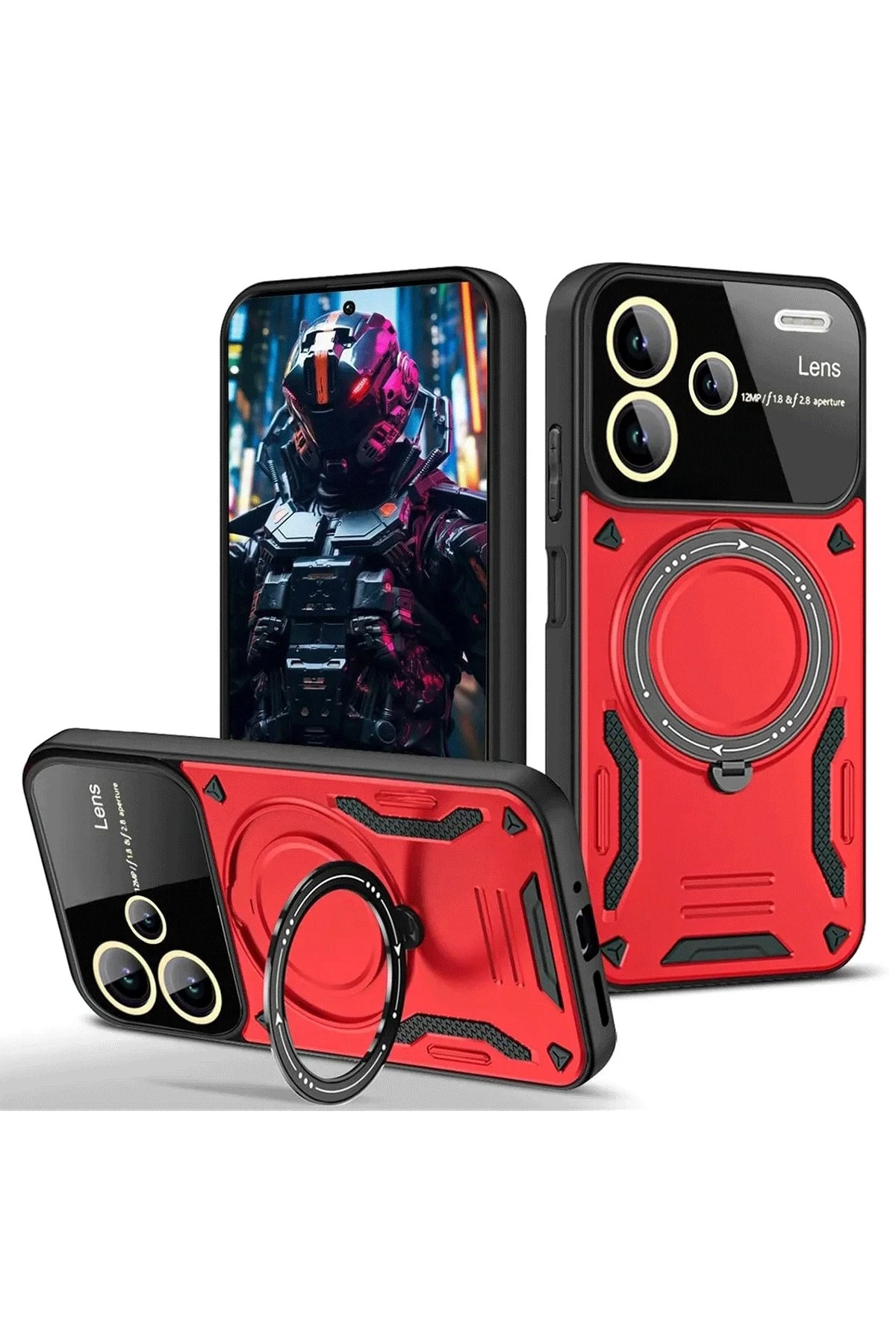 Newface Xiaomi Redmi Note 13 Pro Plus Joy Lens Standlı Kapak - Kırmızı