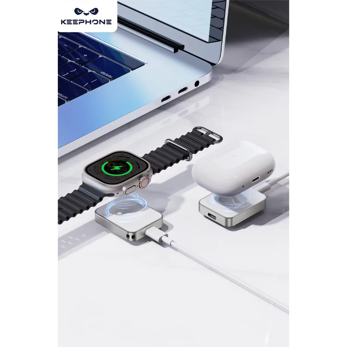 Keephone IC-017 Ekstra Type-C Çıkışlı Saat Kablosuz Şarj Aleti - Gümüş