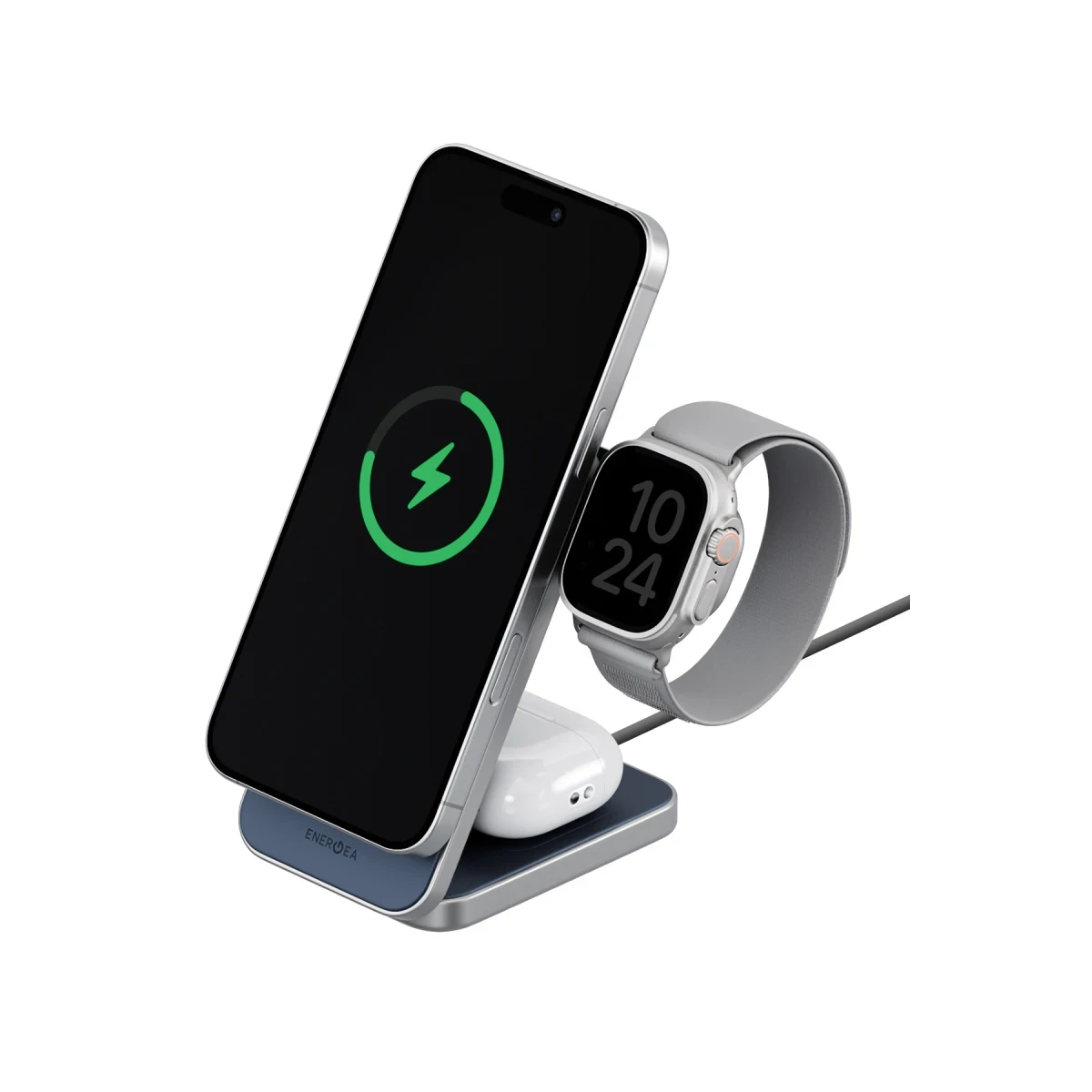 Energea MagTrio Plus 3in1 Katlanabilir 15W Telefon Saat Airpods Masaüstü Hızlı Şarj Standı - Lacivert