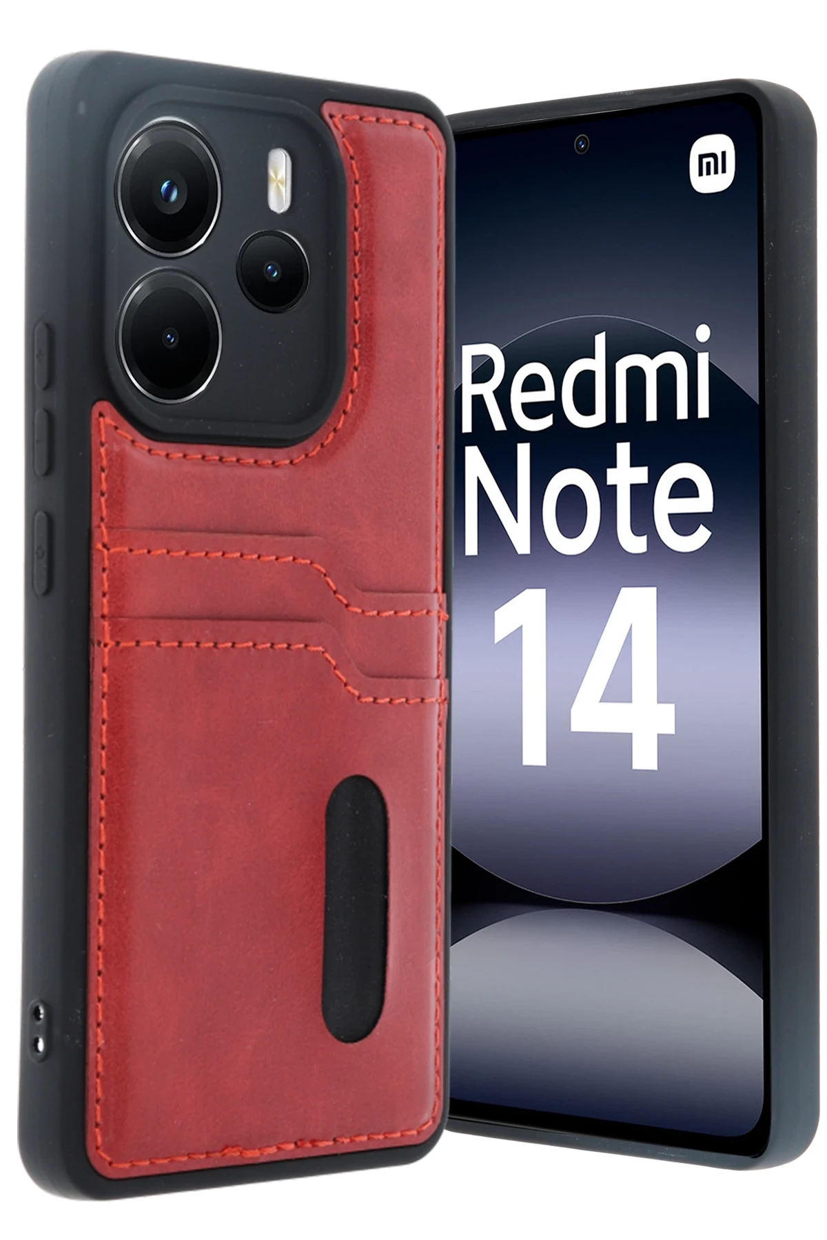 Newface Xiaomi Redmi Note 14 4G Kılıf Sara Kartvizitli Deri Kılıf - Kırmızı