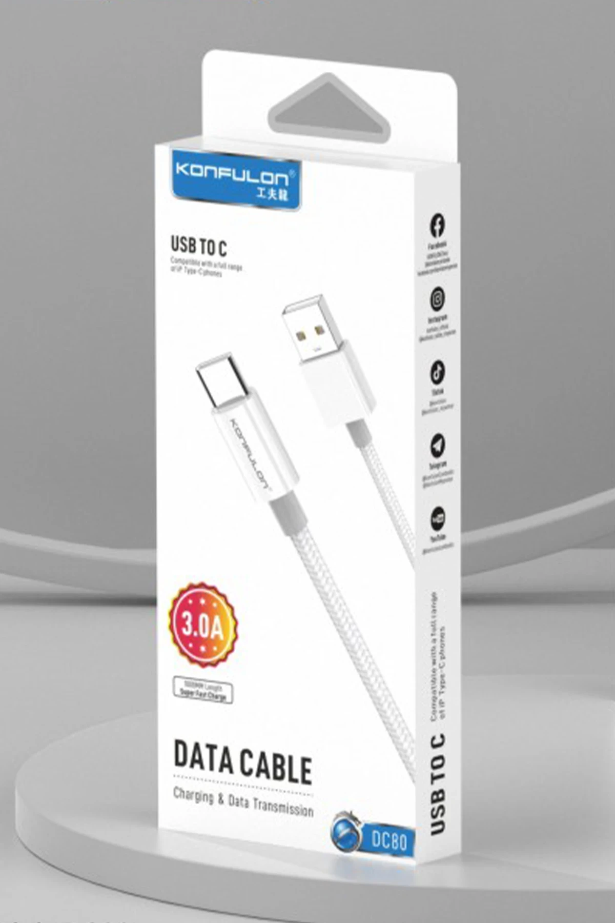 Konfulon DC80 1M 3A USB to Type-C Hızlı Şarj Kablo - Beyaz — görsel 4