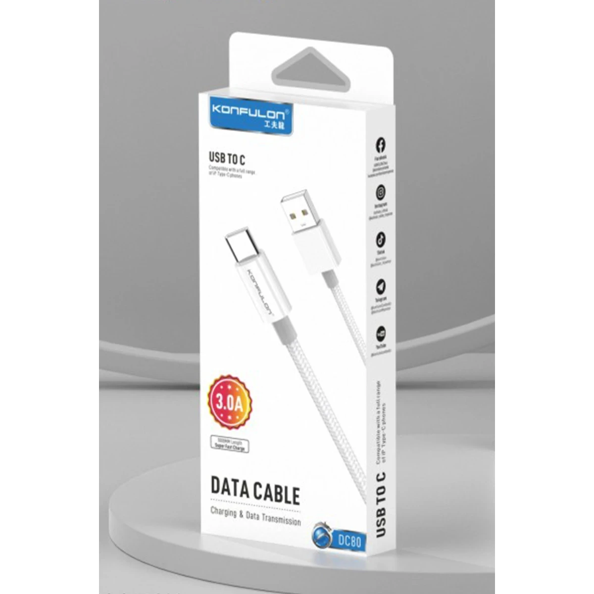Konfulon DC80 1M 3A USB to Type-C Hızlı Şarj Kablo - Beyaz — görsel 8