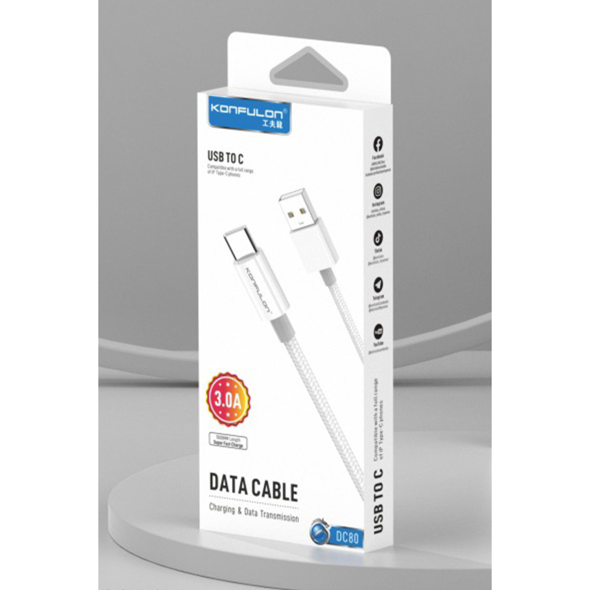 Konfulon DC80 1M 3A USB to Type-C Hızlı Şarj Kablo - Beyaz — görsel 12