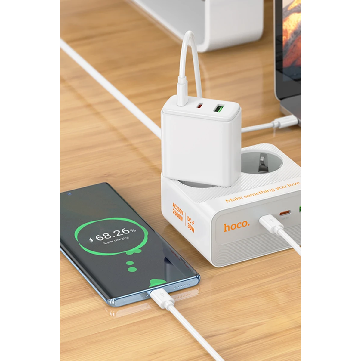 Hoco. AC27 Descanso 5in1 2M 2500W Priz Dönüştürücü - Beyaz