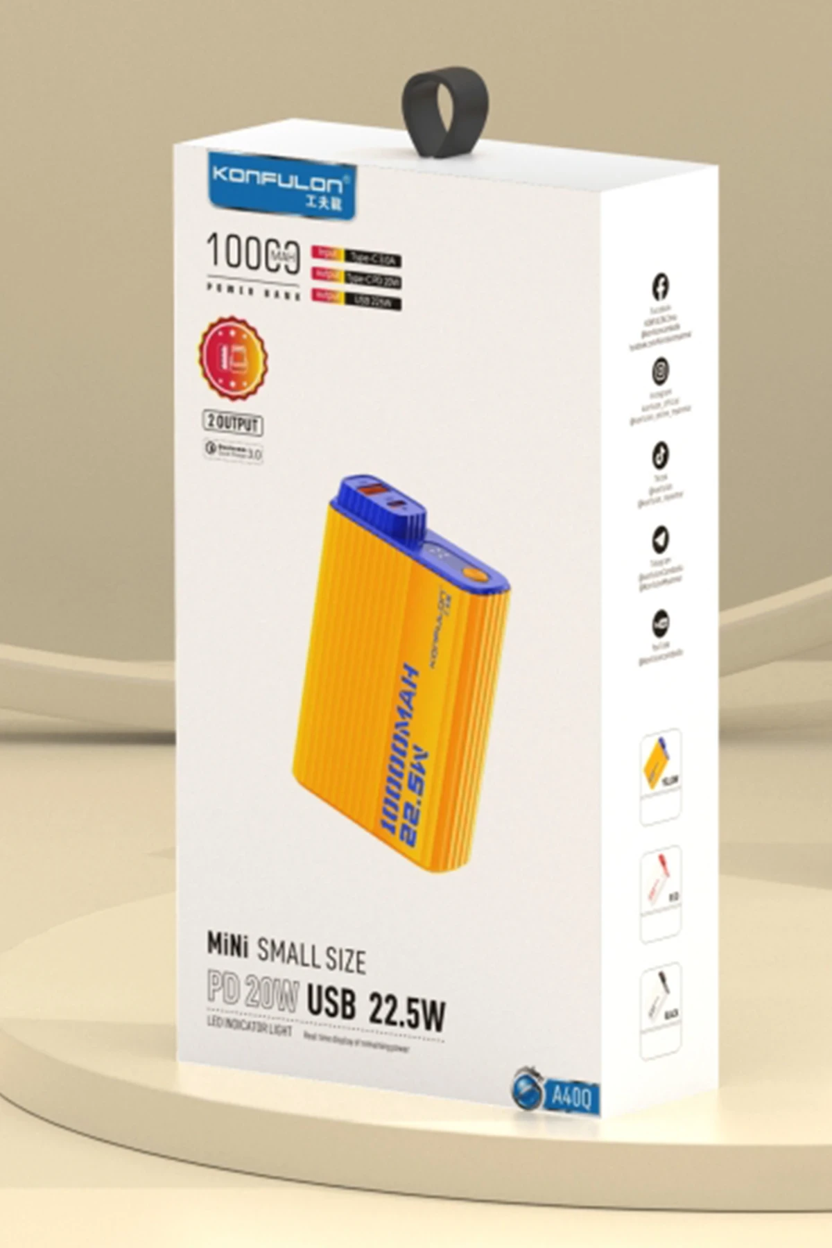Konfulon A40Q 10.000 mAh PD 20W Mini Powerbank - Siyah-Beyaz