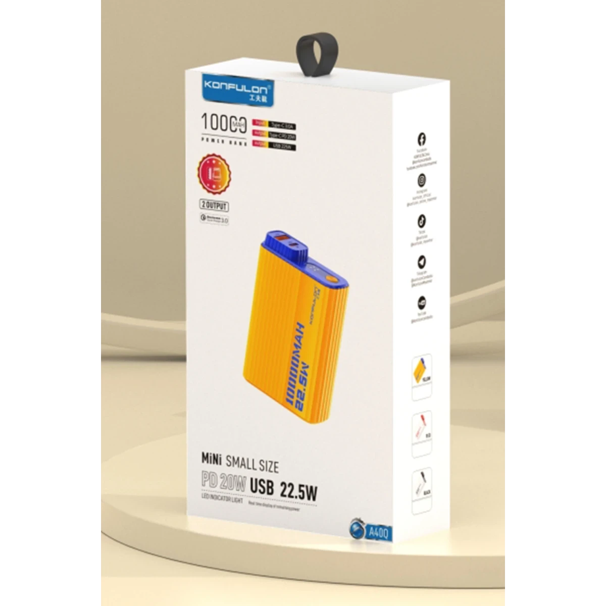 Konfulon A40Q 10.000 mAh PD 20W Mini Powerbank - Siyah-Beyaz — görsel 10