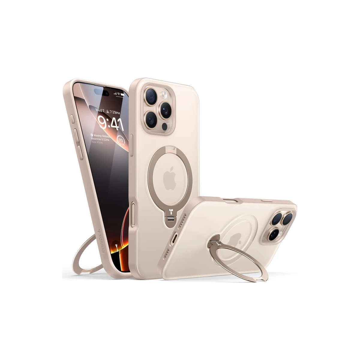 Torras Apple iPhone 16 Pro O Stand Spin Serisi Magsafe Kılıf - Çöl Titanyum