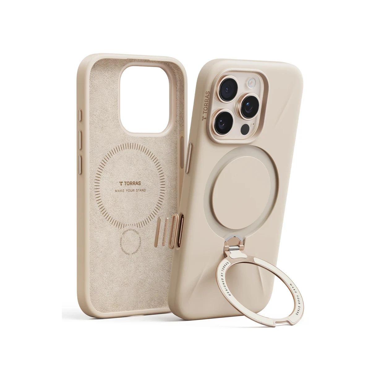 Torras Apple iPhone 16 Pro Max O Stand Spin Silicone Serisi Magsafe Kılıf - Çöl Titanyum