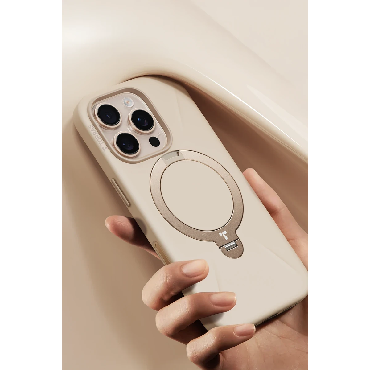 Torras Apple iPhone 16 Pro Max O Stand Spin Silicone Serisi Magsafe Kılıf - Çöl Titanyum