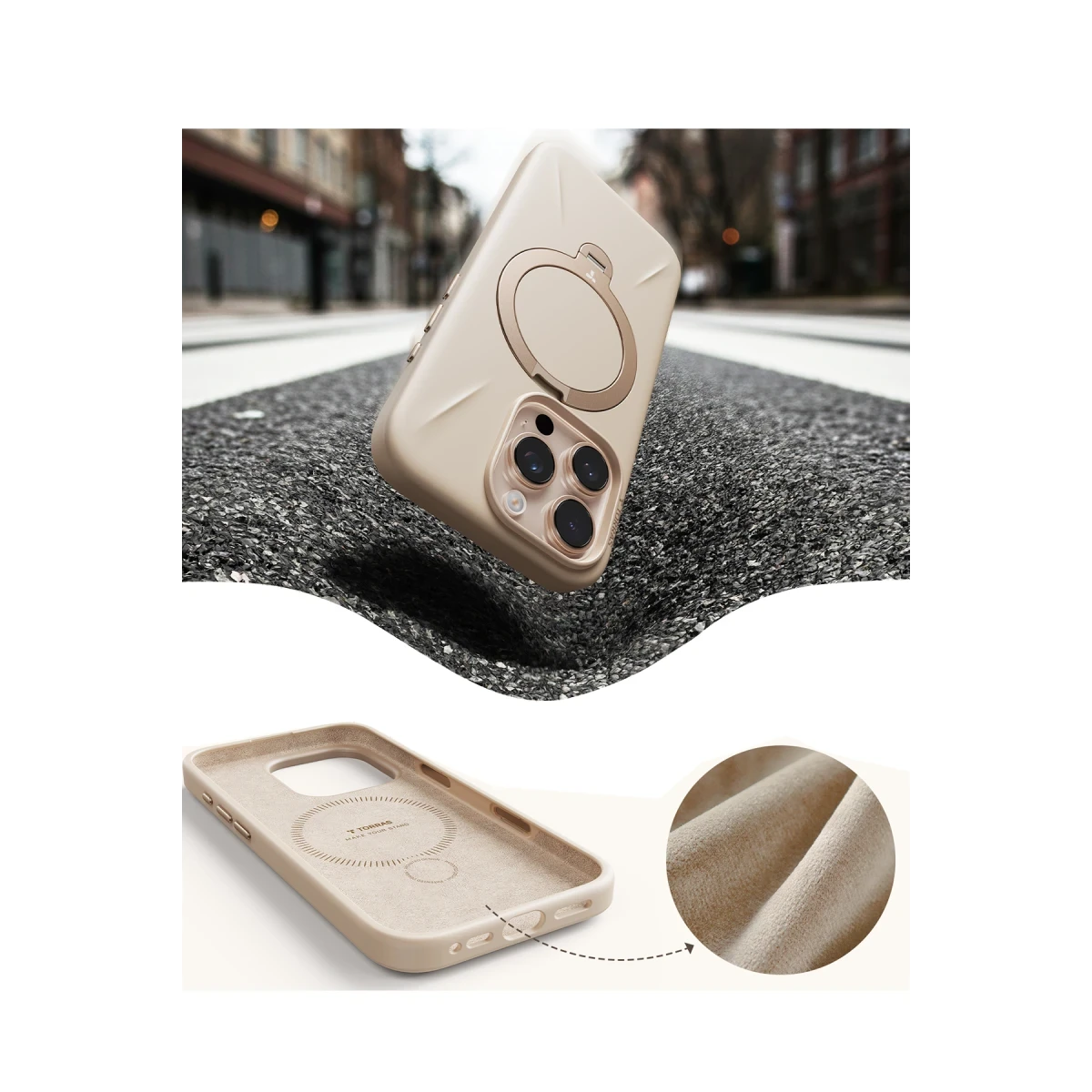 Torras Apple iPhone 16 Pro Max O Stand Spin Silicone Serisi Magsafe Kılıf - Çöl Titanyum