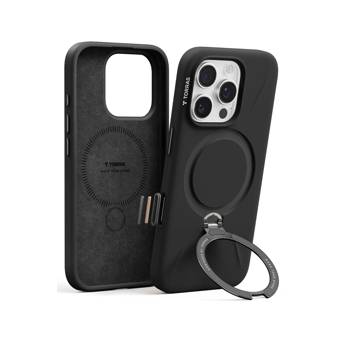 Torras Apple iPhone 16 Pro Max O Stand Spin Silicone Serisi Magsafe Kılıf - Siyah