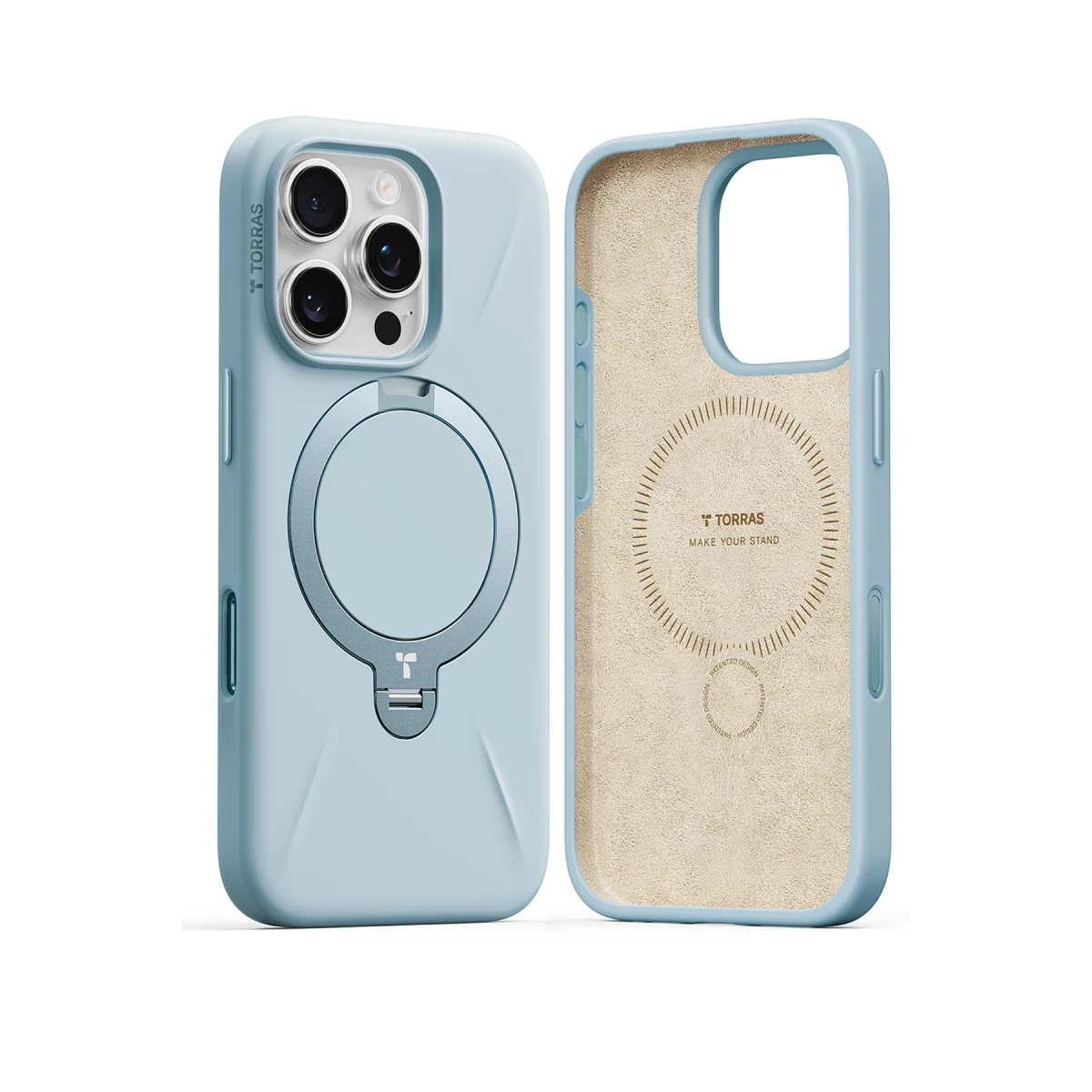 Torras Apple iPhone 16 Pro Max O Stand Spin Silicone Serisi Magsafe Kılıf - Açık Mavi