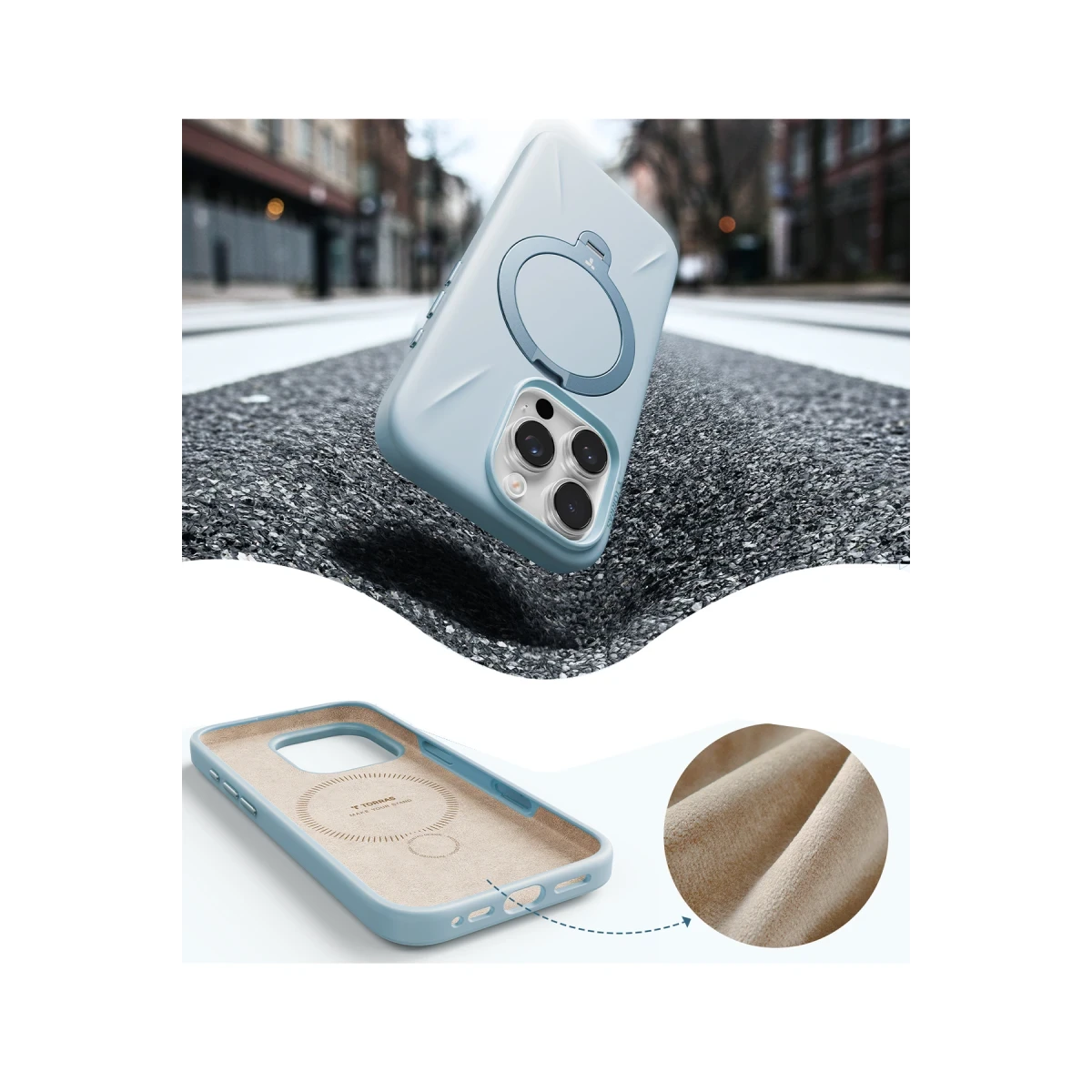 Torras Apple iPhone 16 Pro Max O Stand Spin Silicone Serisi Magsafe Kılıf - Açık Mavi