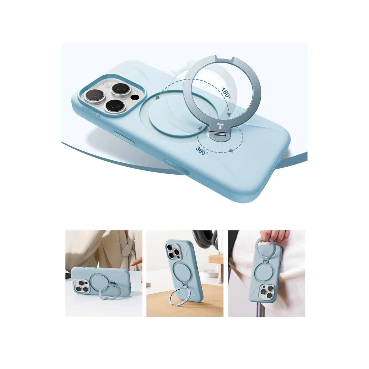 Torras Apple iPhone 16 Pro O Stand Spin Silicone Serisi Magsafe Kılıf - Açık Mavi