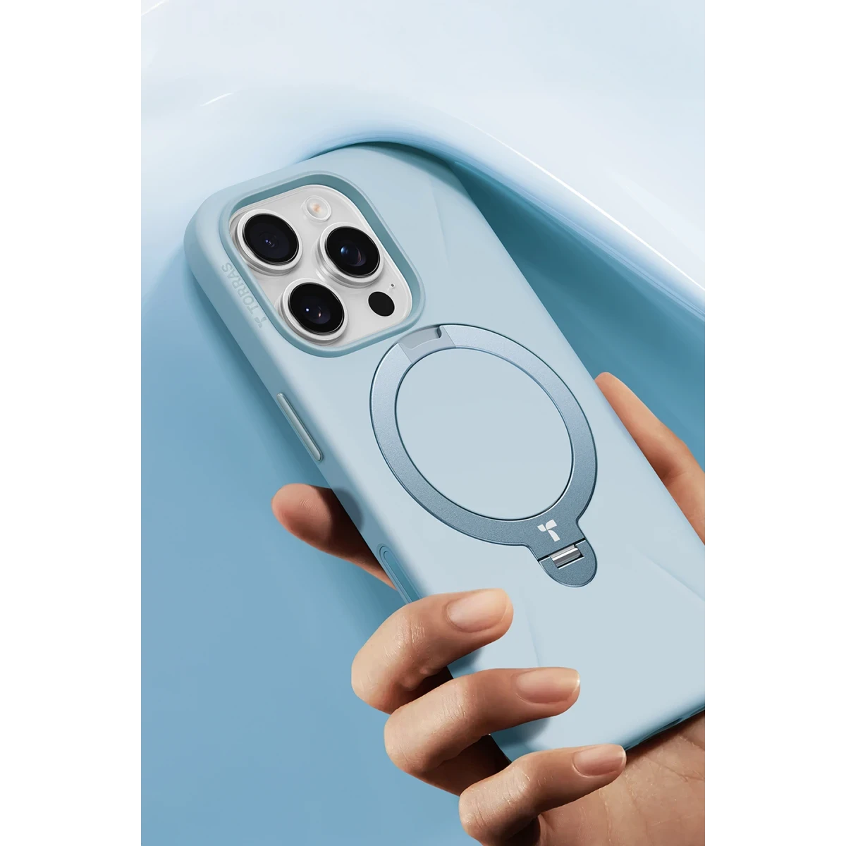 Torras Apple iPhone 16 Pro O Stand Spin Silicone Serisi Magsafe Kılıf - Açık Mavi