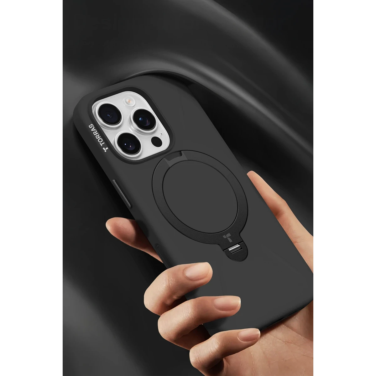 Torras Apple iPhone 16 Pro O Stand Spin Silicone Serisi Magsafe Kılıf - Siyah