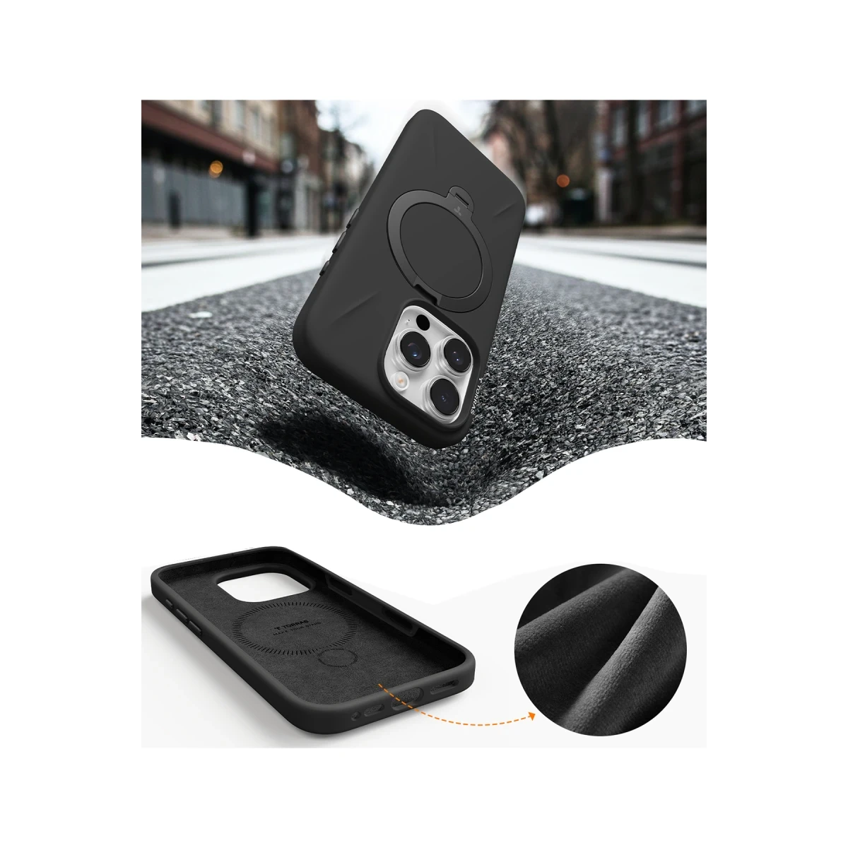 Torras Apple iPhone 16 Pro O Stand Spin Silicone Serisi Magsafe Kılıf - Siyah