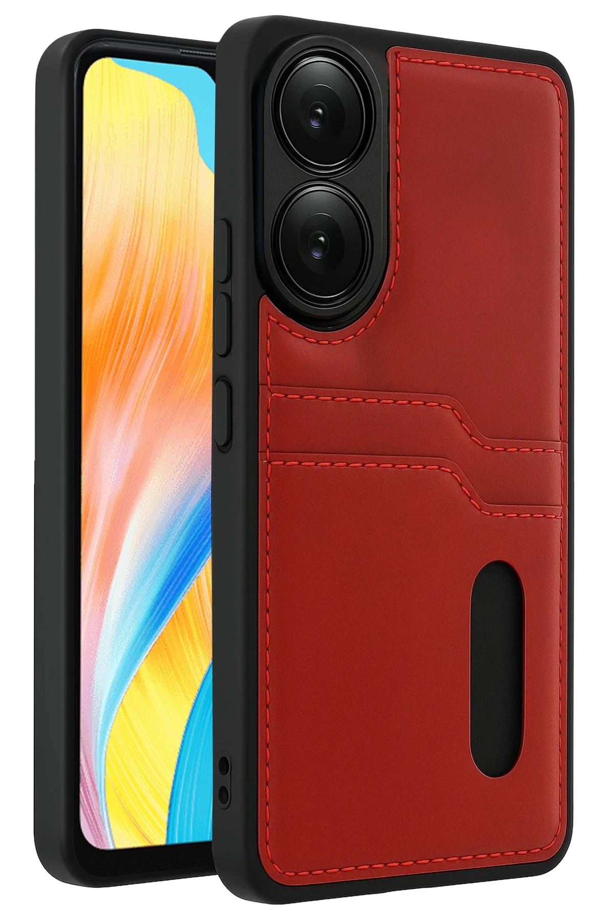 Newface Oppo A38 Sara Kartvizitli Deri Kılıf - Kırmızı