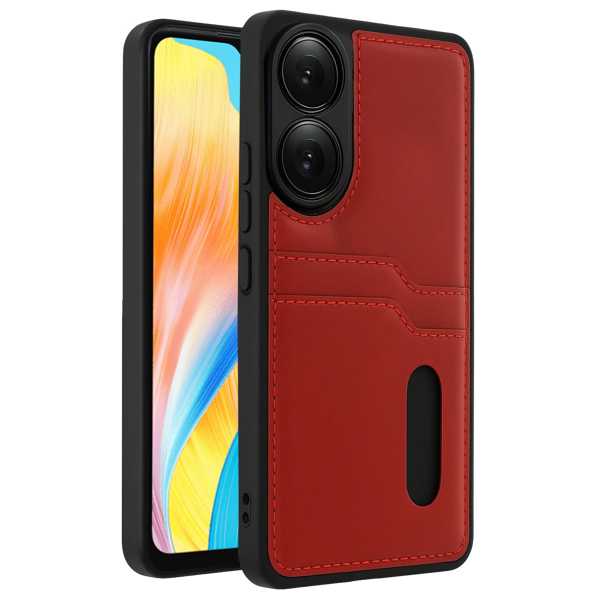 Newface Oppo A38 Sara Kartvizitli Deri Kılıf - Kırmızı — görsel 11