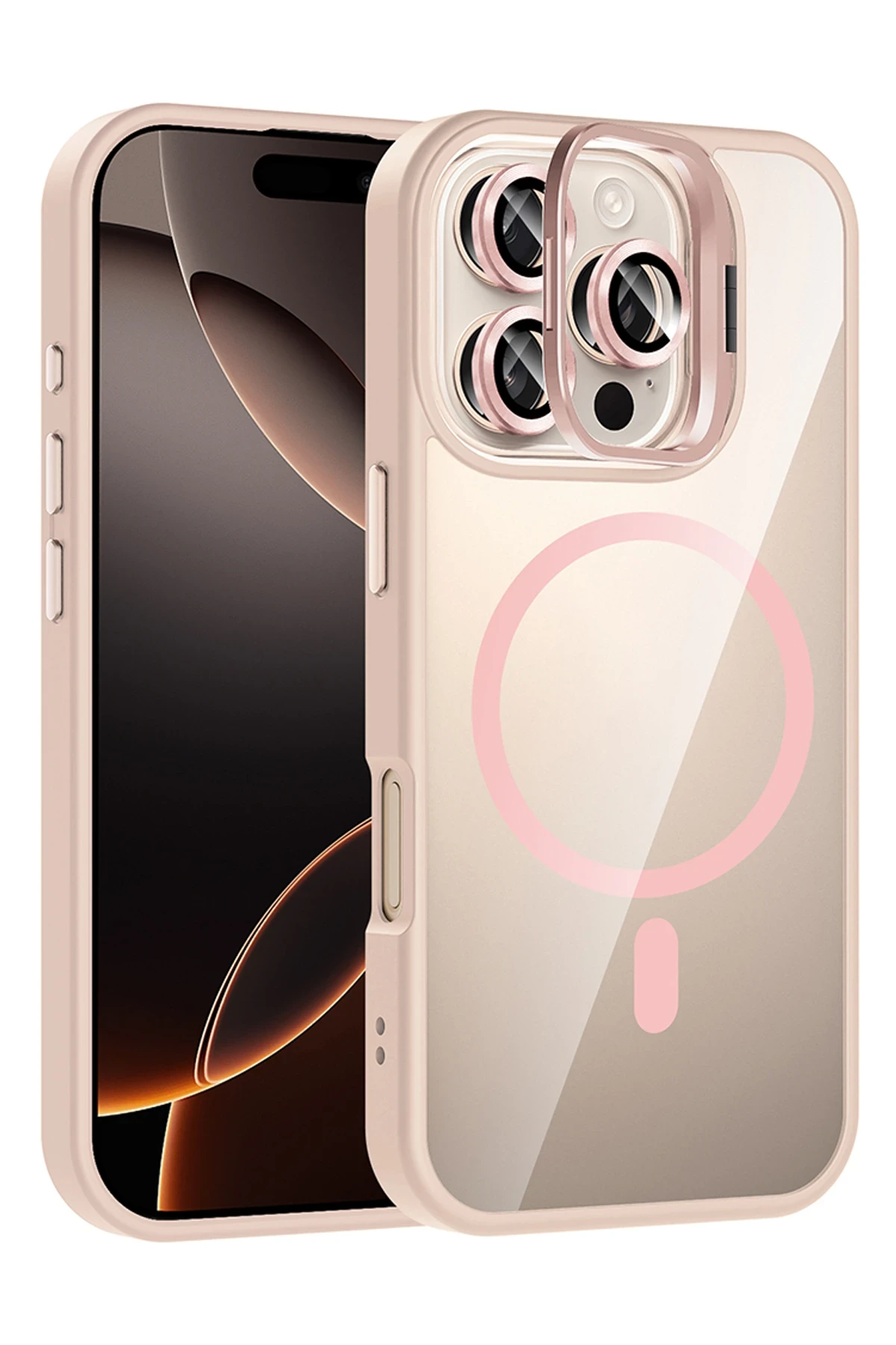 Joko Apple iPhone 16 Pro Remim Lensli Magsafe Standlı Kapak - Pembe