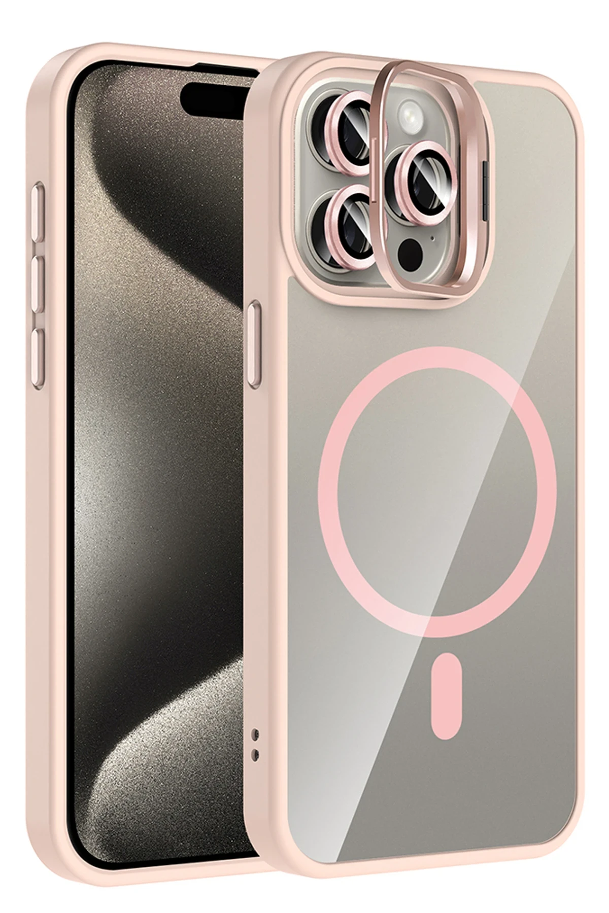 Joko Apple iPhone 14 Pro Max Remim Lensli Magsafe Standlı Kapak - Pembe