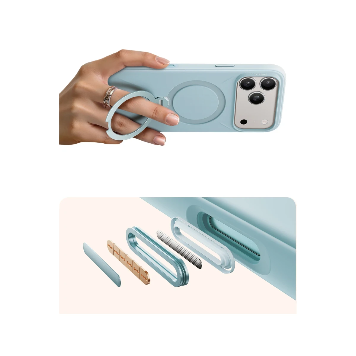 Torras Apple iPhone 17 Pro O Stand Spin Silicone Serisi Magsafe Kılıf - Açık Mavi