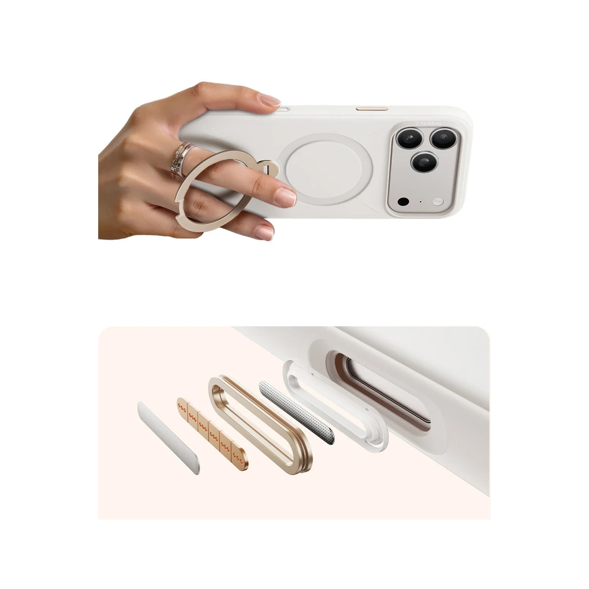 Torras Apple iPhone 17 Pro O Stand Spin Silicone Serisi Magsafe Kılıf - Beyaz