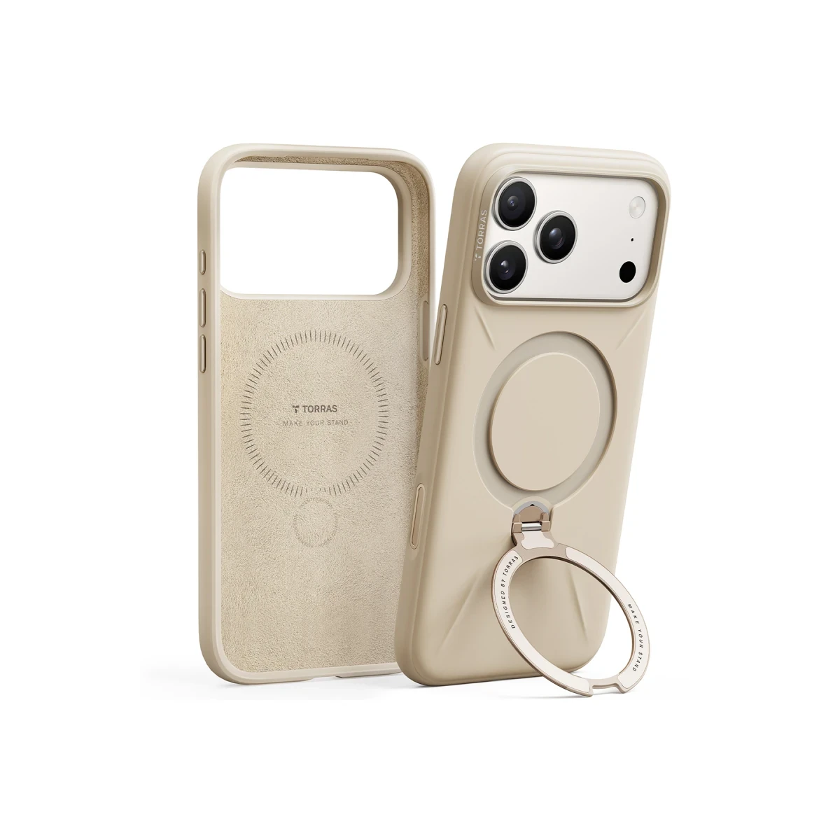 Torras Apple iPhone 17 Pro O Stand Spin Silicone Serisi Magsafe Kılıf - Krem