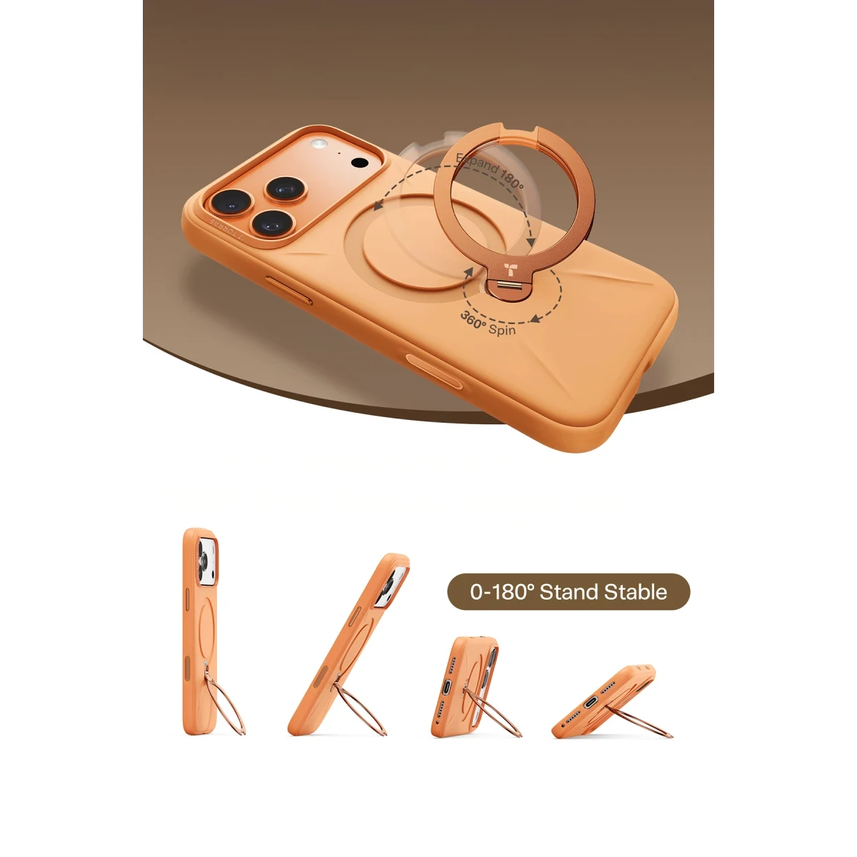 Torras Apple iPhone 17 Pro O Stand Spin Silicone Serisi Magsafe Kılıf - Turuncu
