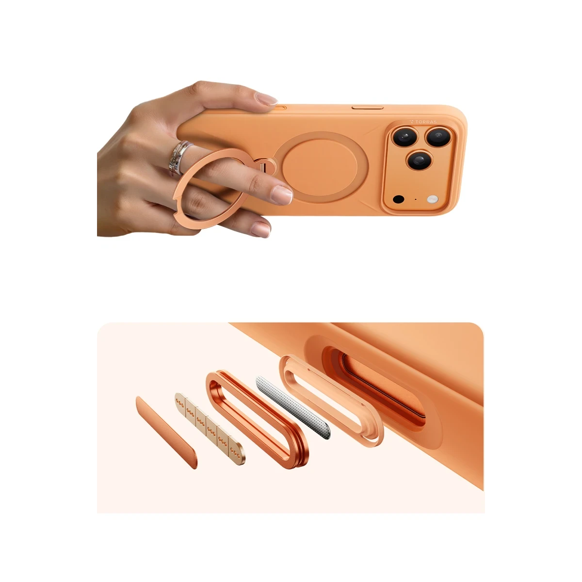 Torras Apple iPhone 17 Pro O Stand Spin Silicone Serisi Magsafe Kılıf - Turuncu