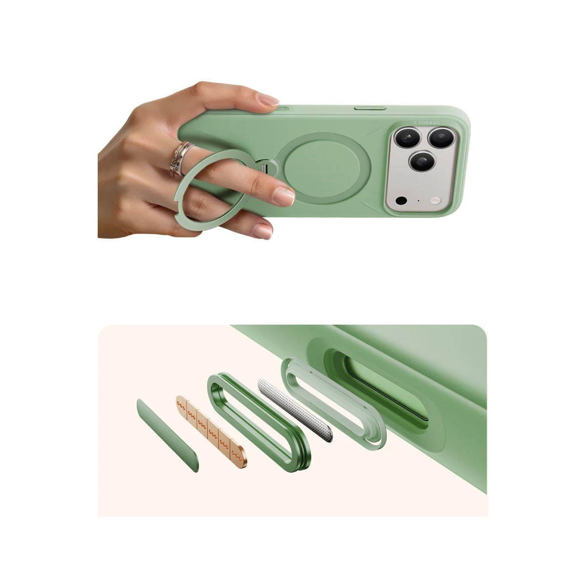 Torras Apple iPhone 17 Pro Max O Stand Spin Silicone Serisi Magsafe Kılıf - Yeşil