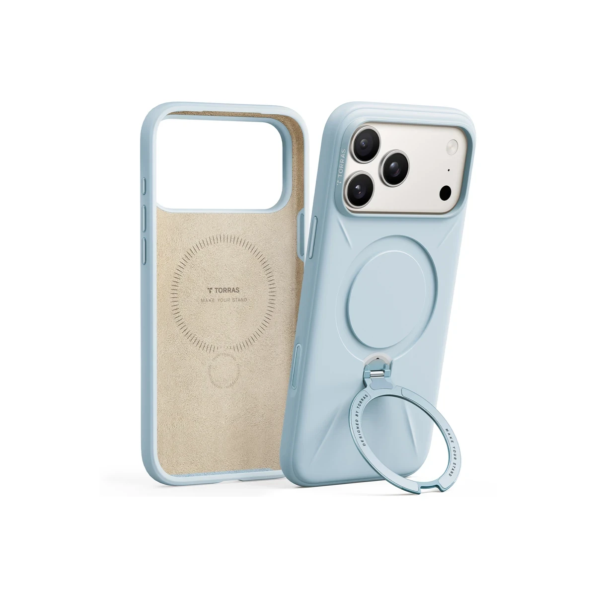 Torras Apple iPhone 17 Pro Max O Stand Spin Silicone Serisi Magsafe Kılıf - Açık Mavi