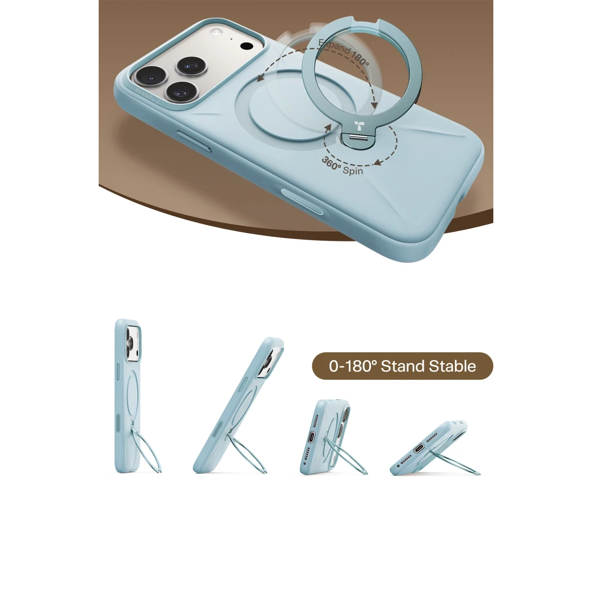 Torras Apple iPhone 17 Pro Max O Stand Spin Silicone Serisi Magsafe Kılıf - Açık Mavi