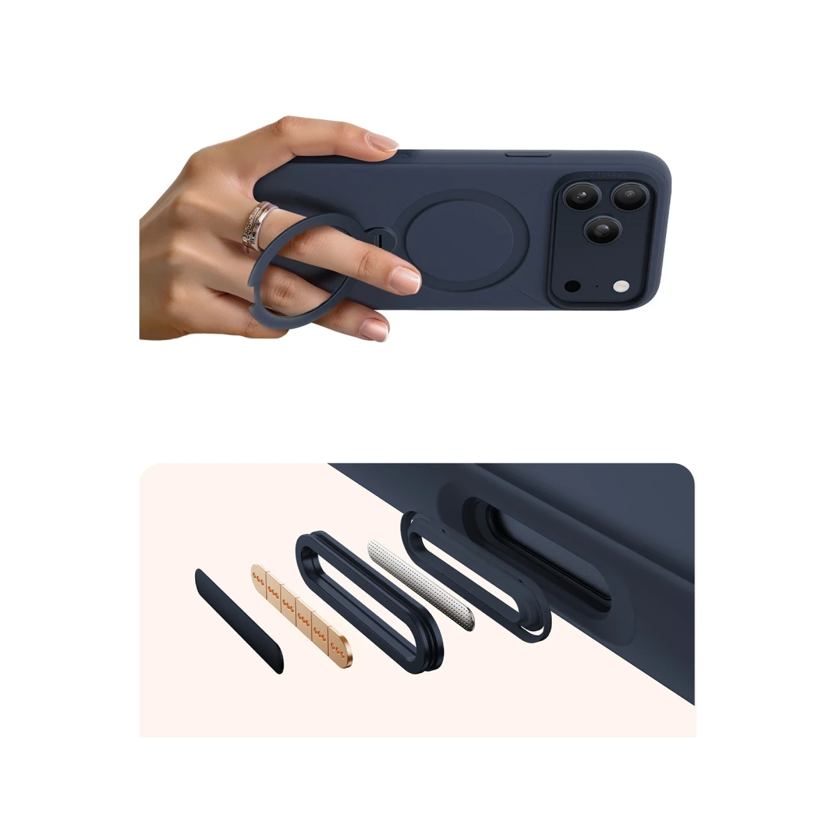 Torras Apple iPhone 17 Pro Max O Stand Spin Silicone Serisi Magsafe Kılıf - Lacivert