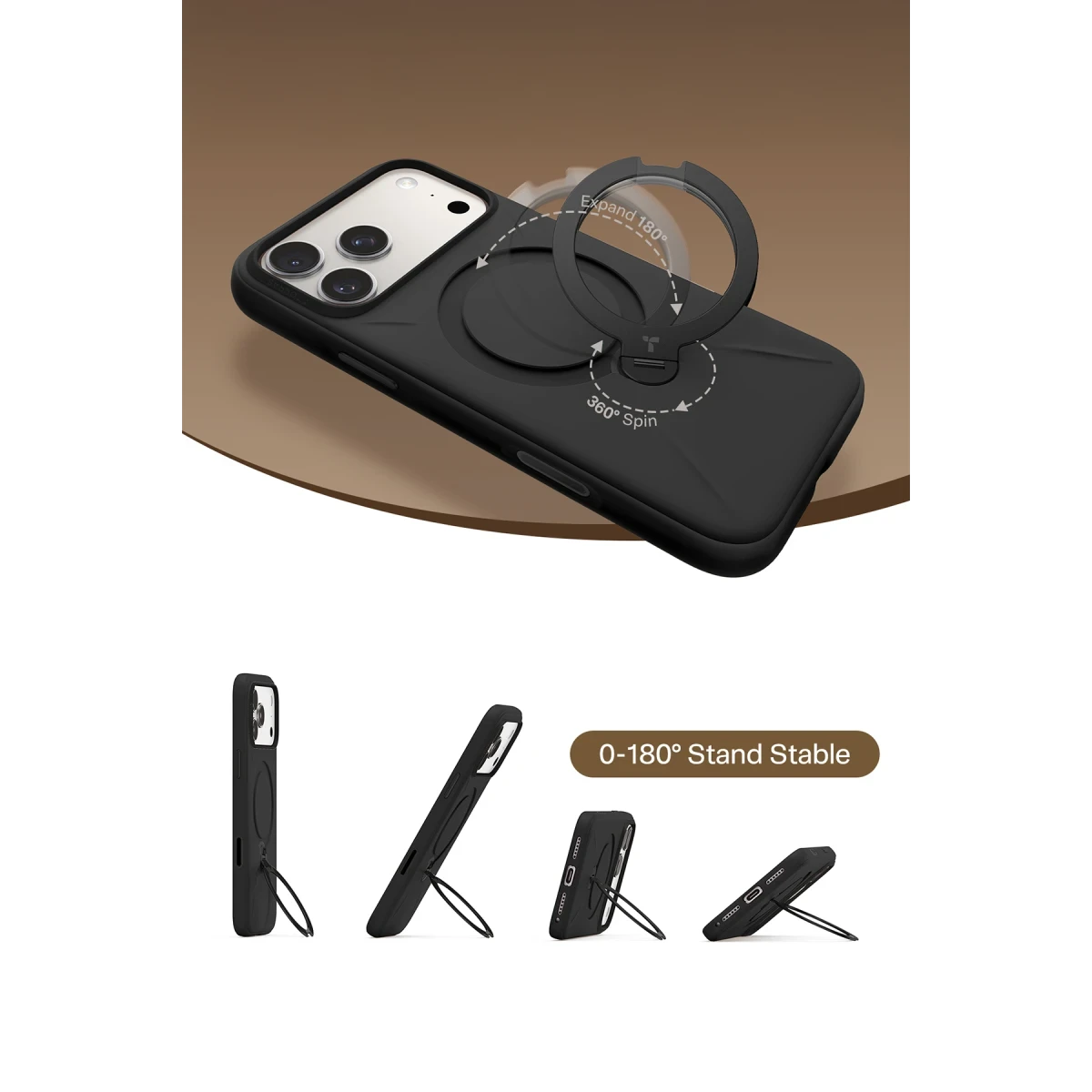 Torras Apple iPhone 17 Pro Max O Stand Spin Silicone Serisi Magsafe Kılıf - Siyah