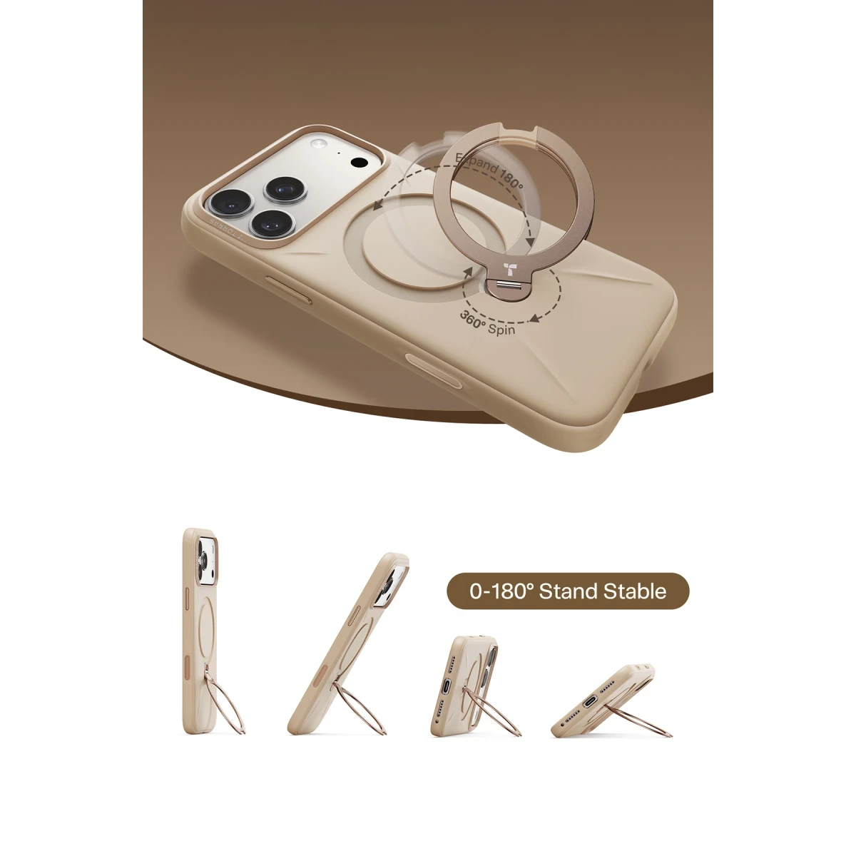 Torras Apple iPhone 17 Pro Max O Stand Spin Silicone Serisi Magsafe Kılıf - Krem