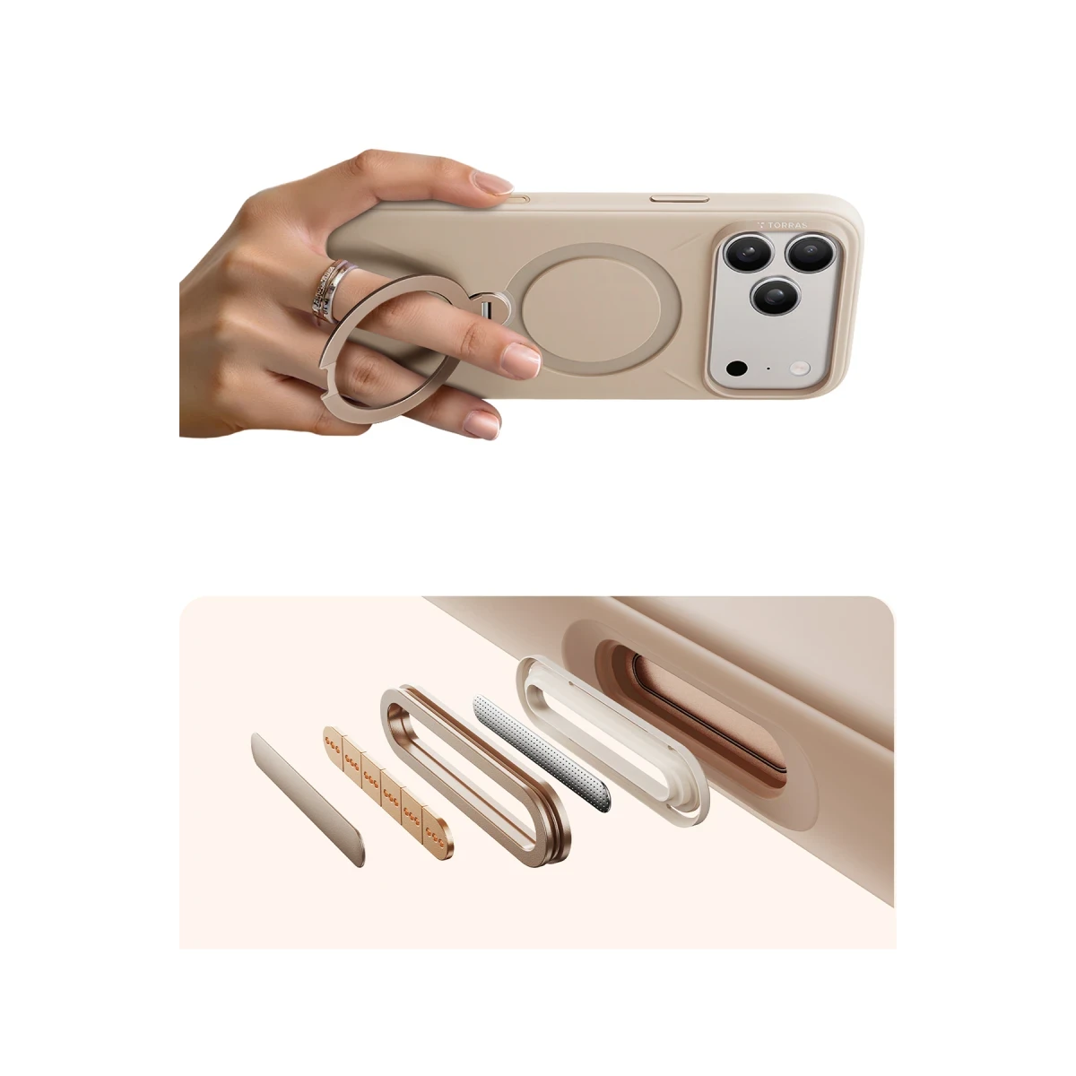 Torras Apple iPhone 17 Pro Max O Stand Spin Silicone Serisi Magsafe Kılıf - Krem
