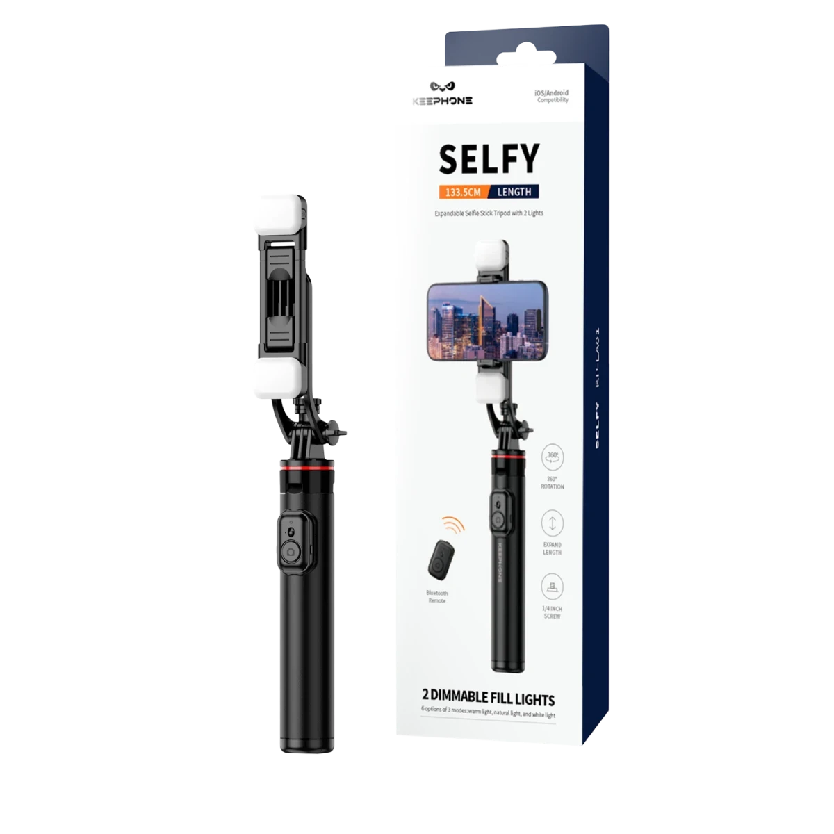 Keephone KP-LA01 Selfy 360 Derece Ayarlanabilir Led Işıklı 133.5cm BT Selfie Çubuğu - Siyah