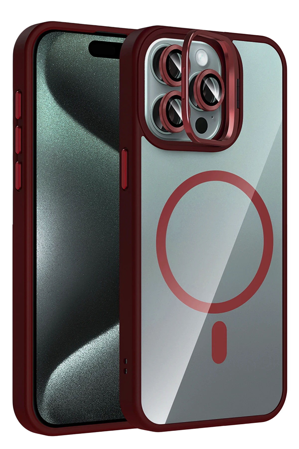 Joko Apple iPhone 14 Pro Max Remim Lensli Magsafe Standlı Kapak - Bordo