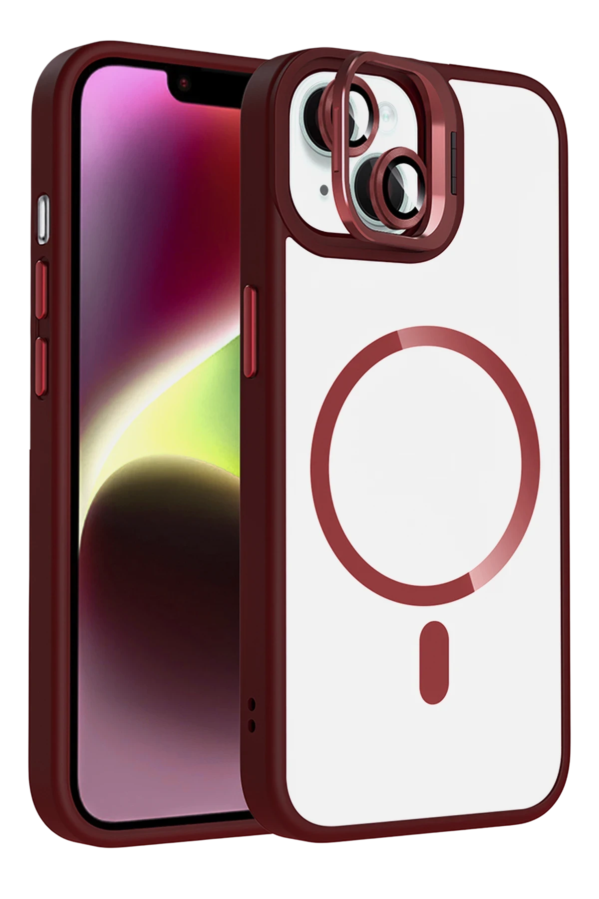 Joko Apple iPhone 15 Plus Remim Lensli Magsafe Standlı Kapak - Bordo