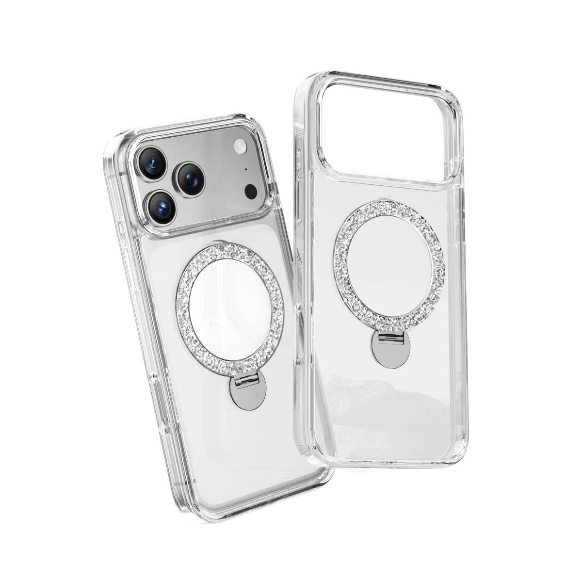 Keephone Apple iPhone 17 Pro Crystal Taşlı 360 Magsafe Standlı Kapak - Şeffaf